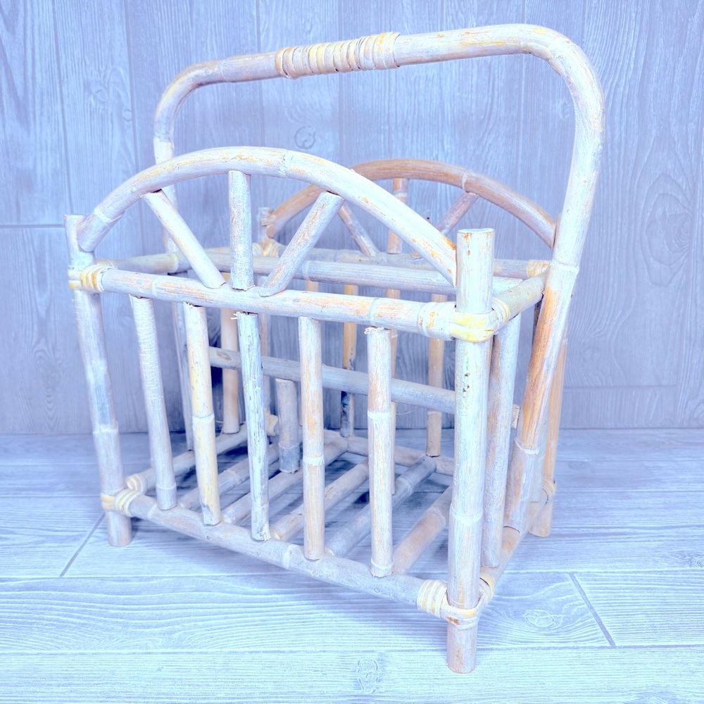 Bent Wood Bamboo Magazine Rack Light White Washed Vintage boho decorations